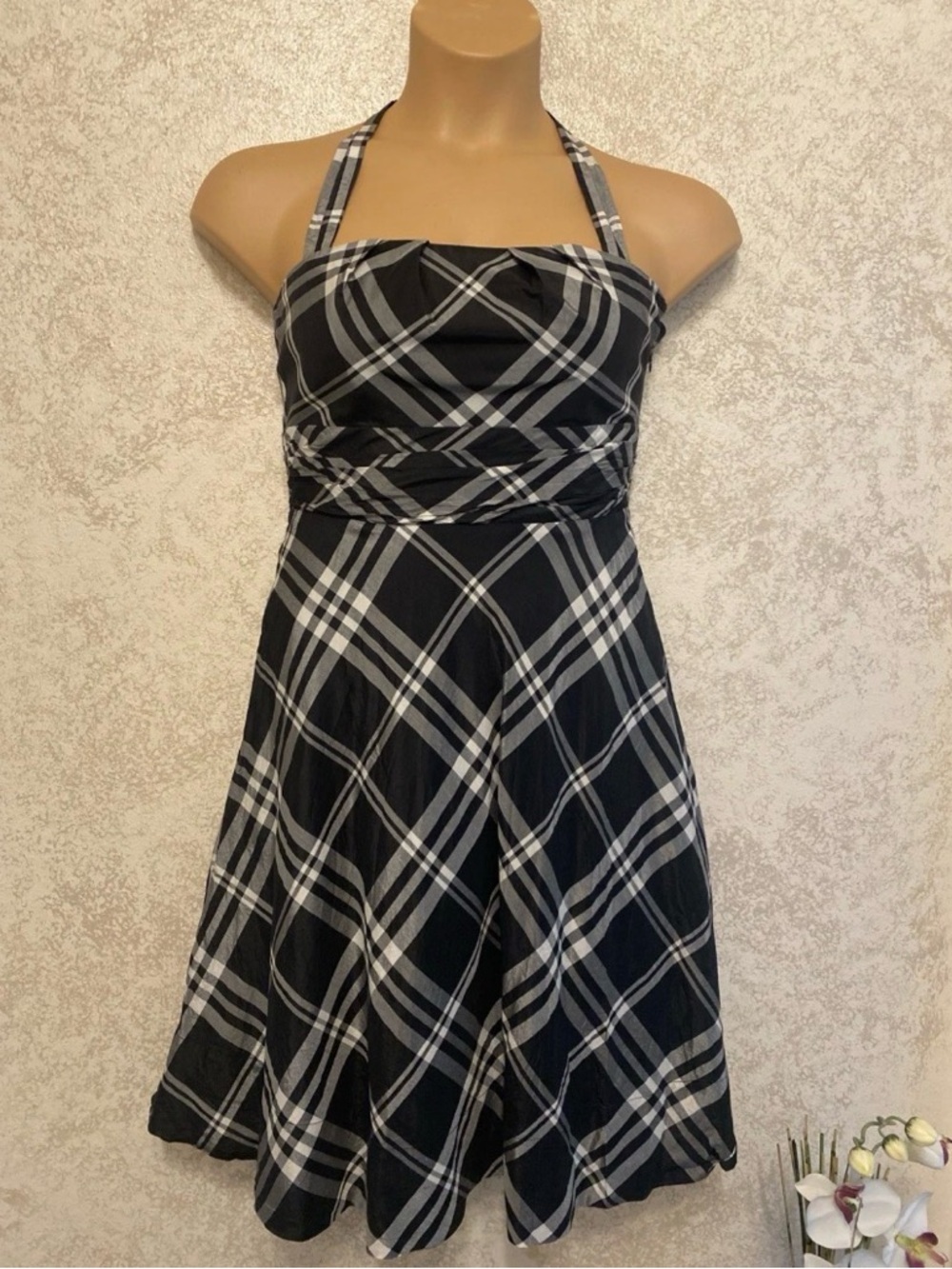 White House Black Market Black and White Plaid Halter Midi Dress